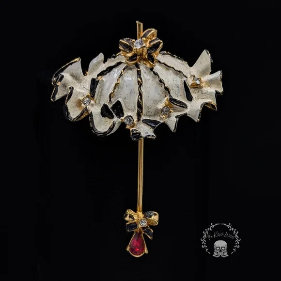 Vintage SIGNED BSK My Fair Lady Gold & White Umbrella Brooch w/ Red Rhinestone - Picture 2 of 4
